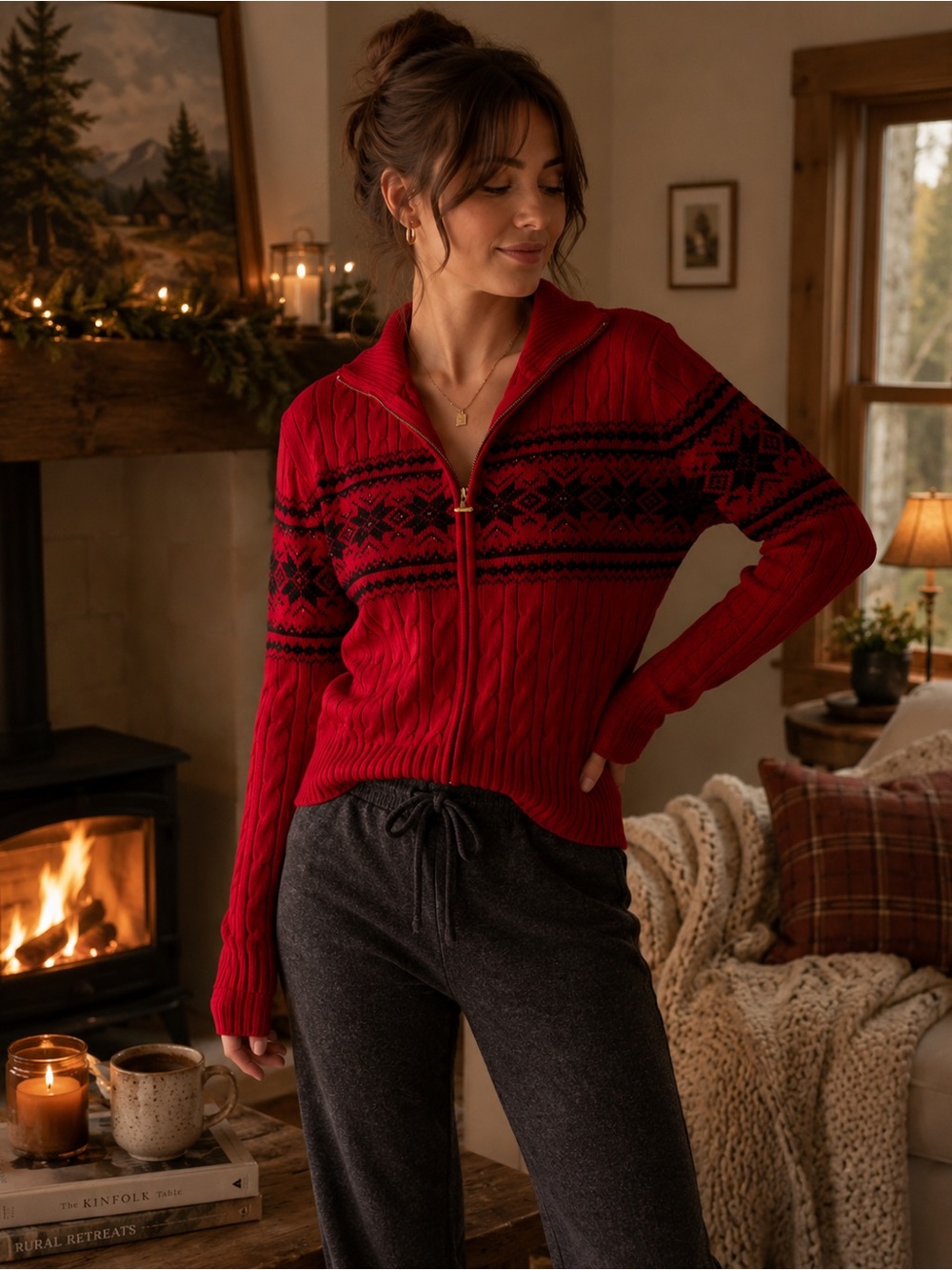 Lauren Ralph Lauren Red Fair Isle Cable Knit Zip Sweater XL Cozy Lodge Style